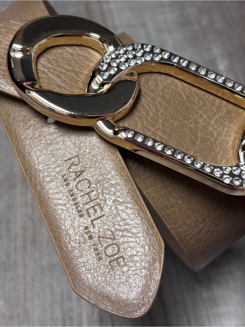 Rachel Zoe Taupe Vegan Leather Belt with Gold Crystal Link Buckle